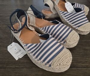 Time and Tru Blue and White Espadrille Sandals with Nautical Stripes